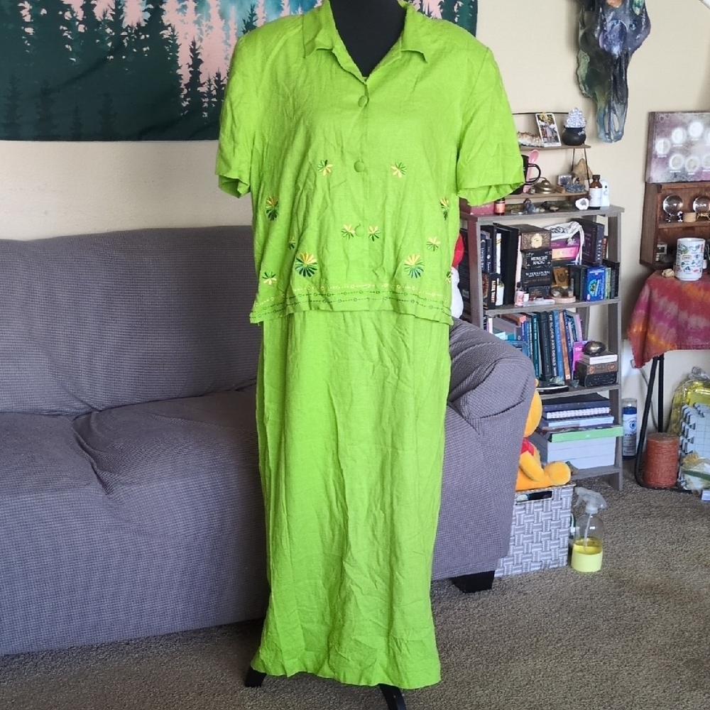 M.H.M. Melissa Harper Vintage 2 Piece Linen Blend Green Maxi Dress